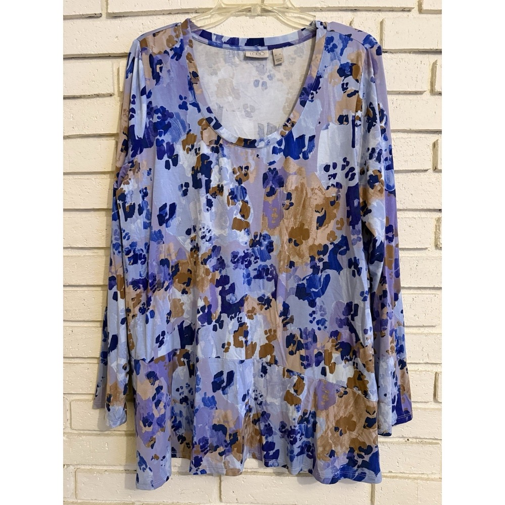 LOGO by Lori Goldstein Printed Rayon 230 Top Purple/Tan‎ Size XL Long Sleeve